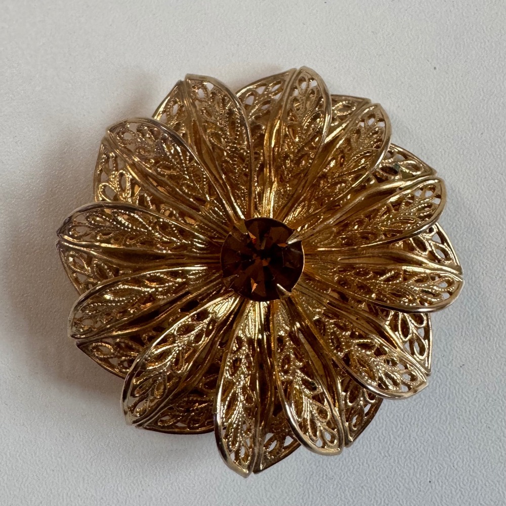 Vintage Lieba USA Gold Tone Filigree Flower Scarf Clip Amber Rhinestone 1960's